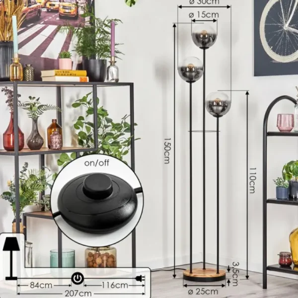 hofstein Gastor Lampadaire 25 cm Bois clair, Noir, 3 lumières* Lampes Modernes