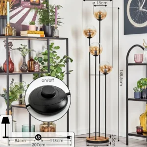 hofstein Gastor Lampadaire 30 cm Bois clair, Noir, 4 lumières* Lampes Modernes
