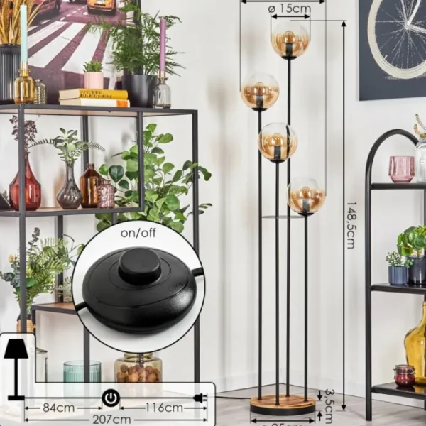 hofstein Gastor Lampadaire 30 cm Bois clair, Noir, 4 lumières* Lampes Modernes