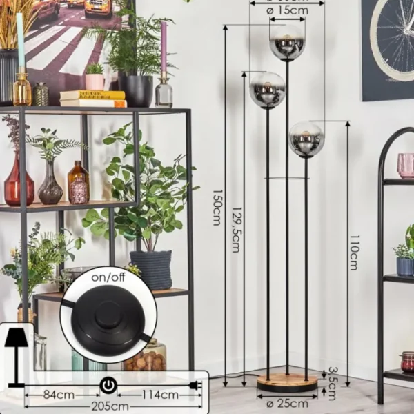 hofstein Gastor Lampadaire 30 cm Bois clair, Noir, 3 lumières* Lampes Modernes