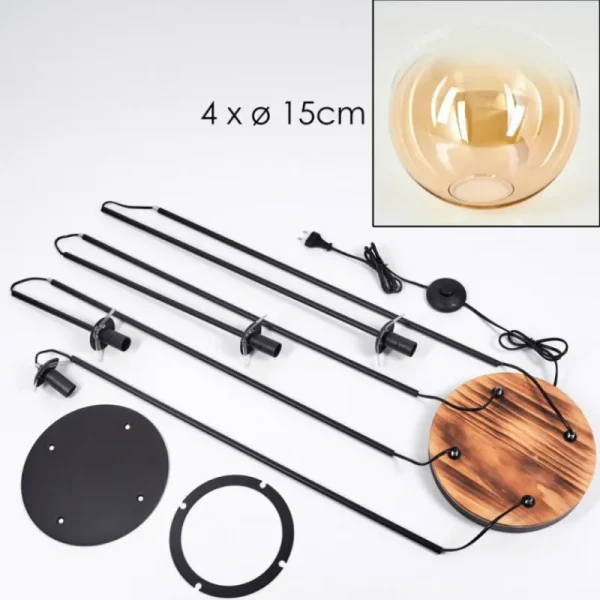 hofstein Gastor Lampadaire 30 cm Bois clair, Noir, 4 lumières* Lampes Modernes
