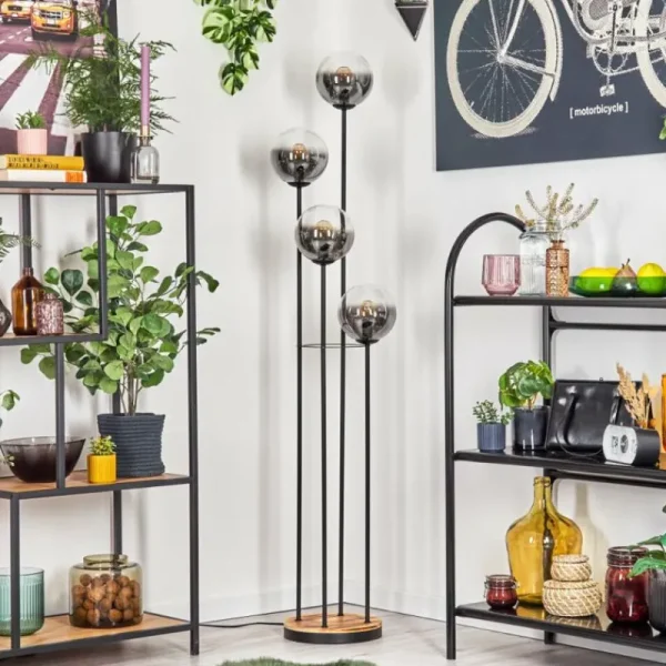 hofstein Gastor Lampadaire 30 cm Bois clair, Noir, 4 lumières* Lampes Modernes