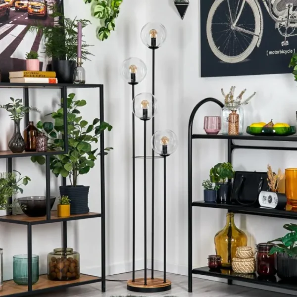 hofstein Gastor Lampadaire 30 cm Bois clair, Noir, 4 lumières* Lampes Modernes