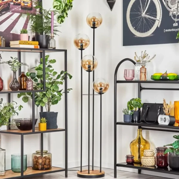 hofstein Gastor Lampadaire 30 cm Bois clair, Noir, 4 lumières* Lampes Modernes