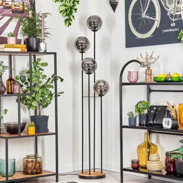 hofstein Gastor Lampadaire 30 cm Bois clair, Noir, 4 lumières* Lampes Modernes
