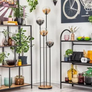 hofstein Gastor Lampadaire 30 cm Bois clair, Noir, 4 lumières* Lampes Modernes