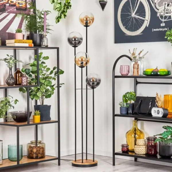 hofstein Gastor Lampadaire 30 cm Bois clair, Noir, 4 lumières* Lampes Modernes