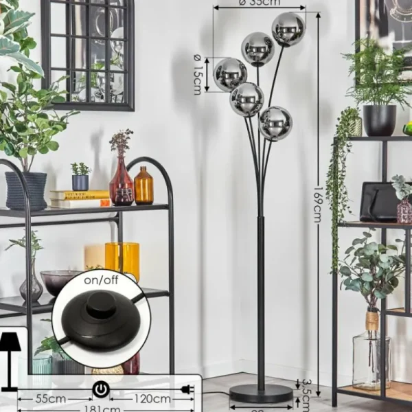 hofstein Gastor Lampadaire Chrome, Fumé, 5 lumières* Lampes Modernes