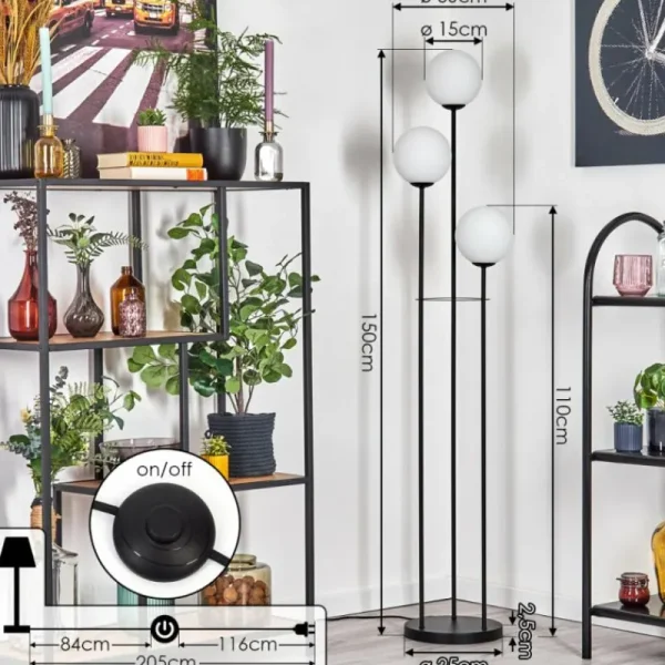 hofstein Gastor Lampadaire Noir, 3 lumières* Lampes En Verre