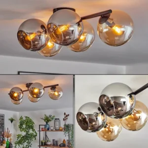hofstein Gastor Plafonnier, Boule lumineuse Ambre, Chrome, Fumé, 5 lumières* Lampes Modernes