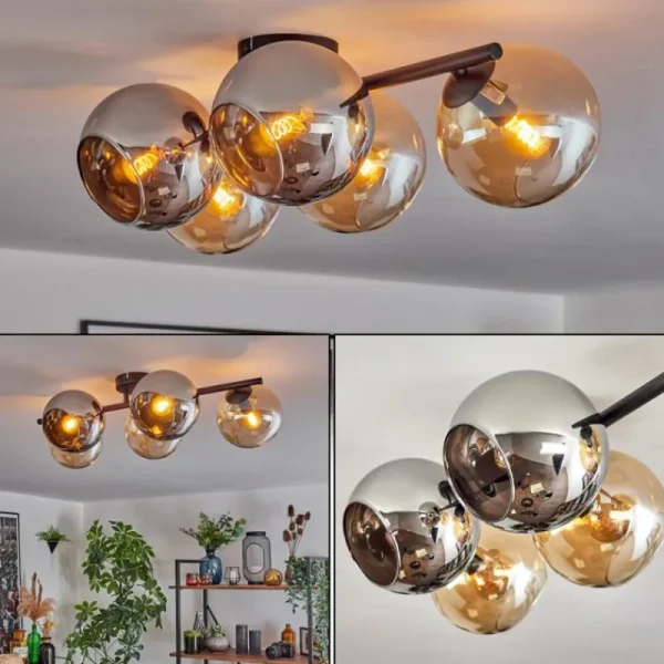 hofstein Gastor Plafonnier, Boule lumineuse Ambre, Chrome, Fumé, 5 lumières* Lampes Modernes