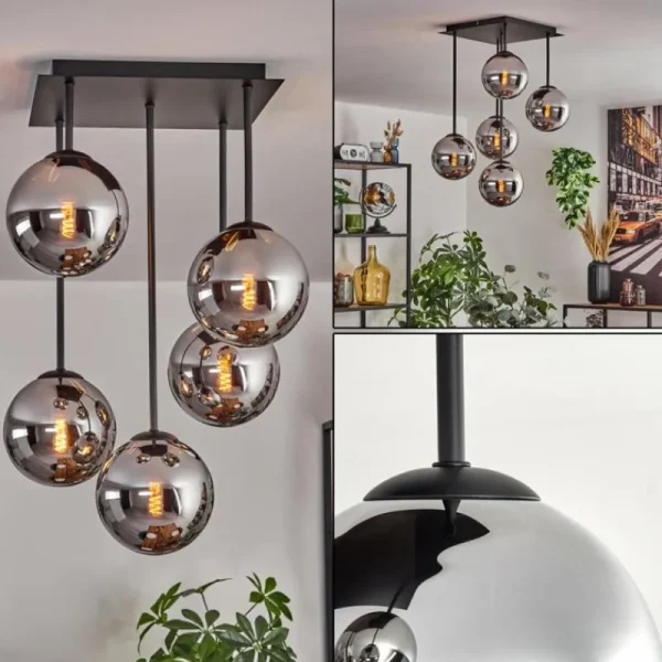 hofstein Gastor Plafonnier, Boule lumineuse Chrome, Fumé, 5 lumières* Lampes Modernes