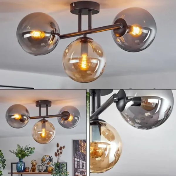 hofstein Gastor Plafonnier, Boule lumineuse Ambre, Fumé, 3 lumières* Lampes Modernes