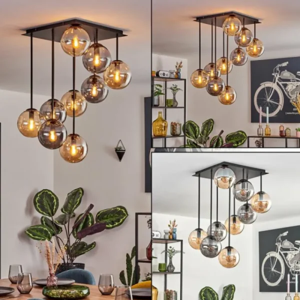 hofstein Gastor Plafonnier, Boule lumineuse Ambre, Fumé, 9 lumières* Lampes Modernes