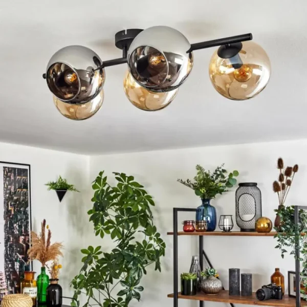 hofstein Gastor Plafonnier, Boule lumineuse Ambre, Chrome, Fumé, 5 lumières* Lampes Modernes