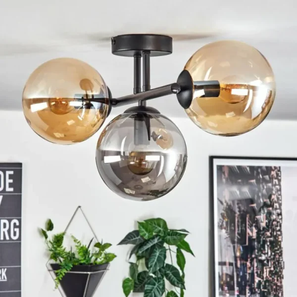 hofstein Gastor Plafonnier, Boule lumineuse Ambre, Fumé, 3 lumières* Lampes Modernes