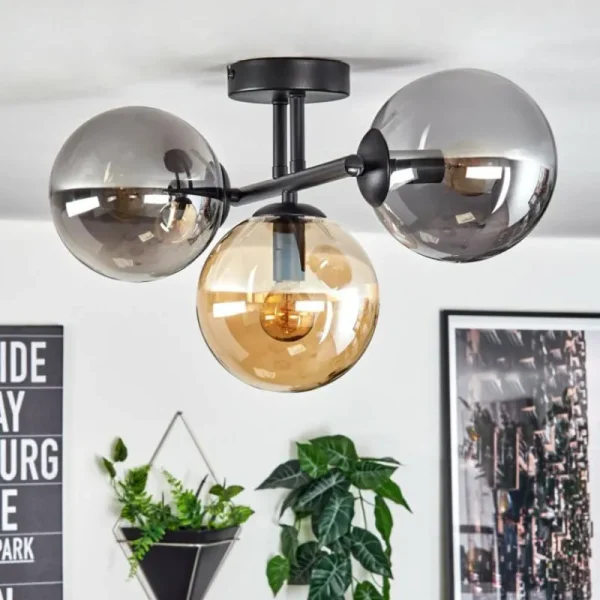 hofstein Gastor Plafonnier, Boule lumineuse Ambre, Fumé, 3 lumières* Lampes Modernes