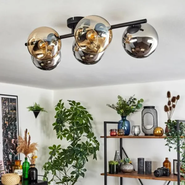 hofstein Gastor Plafonnier, Boule lumineuse Ambre, Chrome, Fumé, 5 lumières* Lampes Modernes