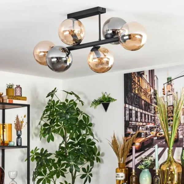 hofstein Gastor Plafonnier, Boule lumineuse Ambre, Fumé, 6 lumières* Lampes Modernes
