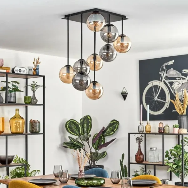 hofstein Gastor Plafonnier, Boule lumineuse Ambre, Fumé, 9 lumières* Lampes Modernes