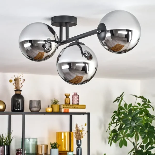 hofstein Gastor Plafonnier, Boule lumineuse Chrome, Fumé, 3 lumières* Lampes Modernes