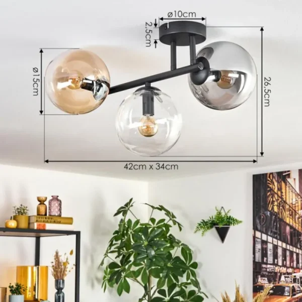 hofstein Gastor Plafonnier, Boule lumineuse Ambre, Clair, Fumé, 3 lumières* Lampes Modernes