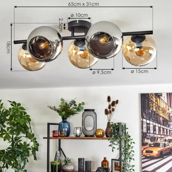 hofstein Gastor Plafonnier, Boule lumineuse Ambre, Chrome, Fumé, 5 lumières* Lampes Modernes
