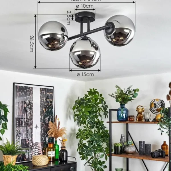 hofstein Gastor Plafonnier, Boule lumineuse Chrome, Fumé, 3 lumières* Lampes Modernes