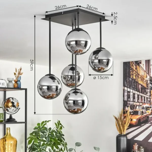 hofstein Gastor Plafonnier, Boule lumineuse Chrome, Fumé, 5 lumières* Lampes Modernes