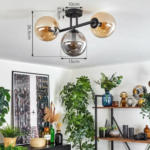 hofstein Gastor Plafonnier, Boule lumineuse Ambre, Fumé, 3 lumières* Lampes Modernes