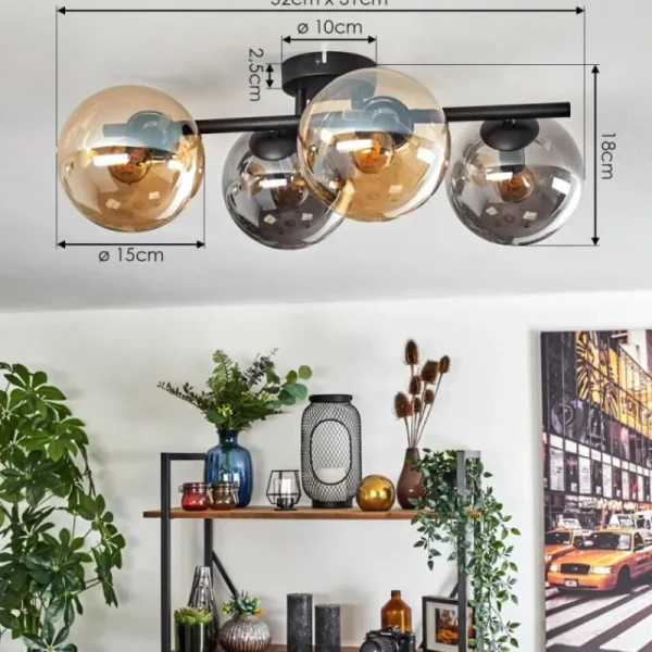 hofstein Gastor Plafonnier, Boule lumineuse Ambre, Fumé, 4 lumières* Lampes Modernes