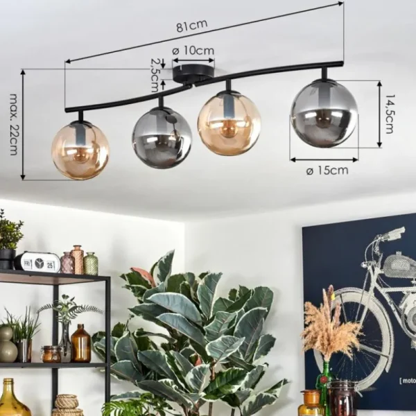 hofstein Gastor Plafonnier, Boule lumineuse Ambre, Fumé, 4 lumières* Lampes Modernes