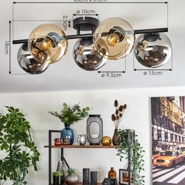 hofstein Gastor Plafonnier, Boule lumineuse Ambre, Chrome, Fumé, 5 lumières* Lampes Modernes