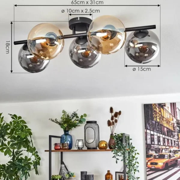 hofstein Gastor Plafonnier, Boule lumineuse Ambre, Fumé, 5 lumières* Lampes Modernes