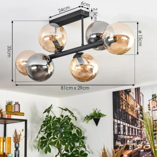 hofstein Gastor Plafonnier, Boule lumineuse Ambre, Fumé, 6 lumières* Lampes Modernes