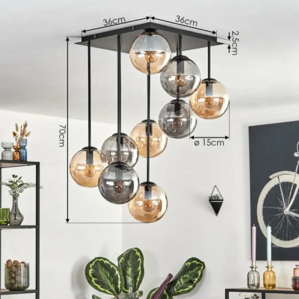 hofstein Gastor Plafonnier, Boule lumineuse Ambre, Fumé, 9 lumières* Lampes Modernes
