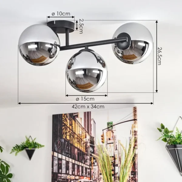 hofstein Gastor Plafonnier, Boule lumineuse Chrome, Fumé, 3 lumières* Lampes Modernes