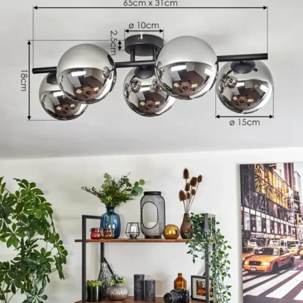 hofstein Gastor Plafonnier, Boule lumineuse Chrome, Fumé, 5 lumières* Lampes Modernes