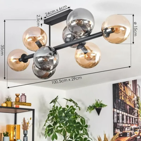 hofstein Gastor Plafonnier, Boule lumineuse Ambre, Fumé, 8 lumières* Lampes Modernes