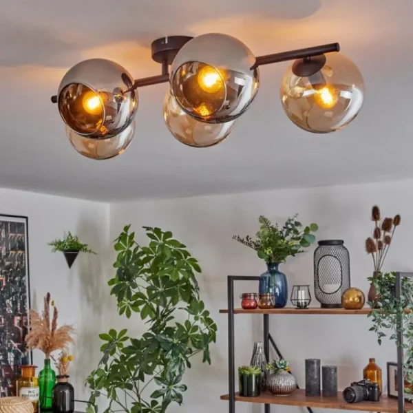 hofstein Gastor Plafonnier, Boule lumineuse Ambre, Chrome, Fumé, 5 lumières* Lampes Modernes