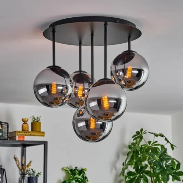 hofstein Gastor Plafonnier, Boule lumineuse 45 cm Chrome, Fumé, 5 lumières* Lampes Modernes