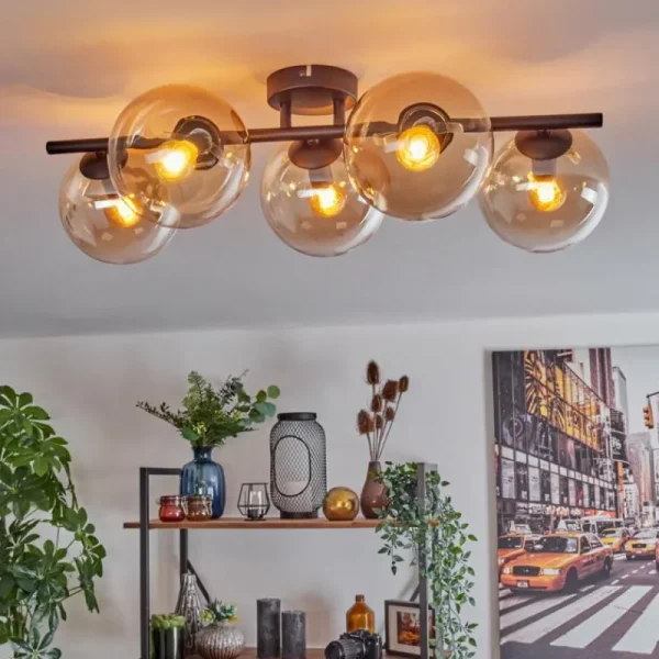hofstein Gastor Plafonnier, Boule lumineuse Ambre, Clair, 5 lumières* Lampes En Verre