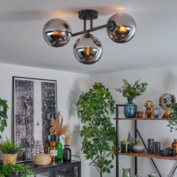 hofstein Gastor Plafonnier, Boule lumineuse Chrome, Fumé, 3 lumières* Lampes Modernes