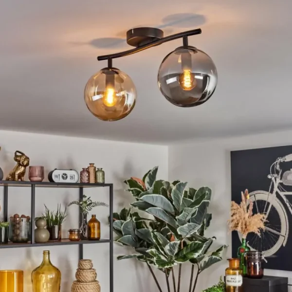hofstein Gastor Plafonnier, Boule lumineuse Ambre, Fumé, 2 lumières* Lampes Modernes