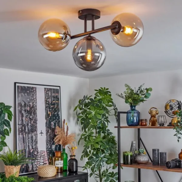 hofstein Gastor Plafonnier, Boule lumineuse Ambre, Fumé, 3 lumières* Lampes Modernes