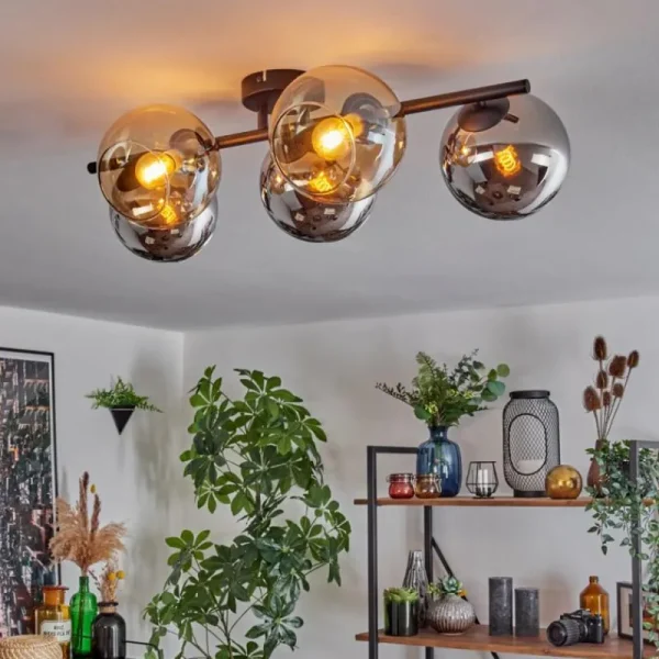 hofstein Gastor Plafonnier, Boule lumineuse Ambre, Chrome, Fumé, 5 lumières* Lampes Modernes