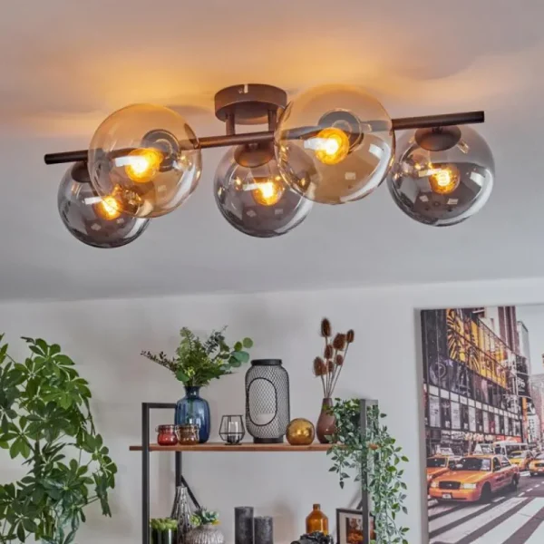 hofstein Gastor Plafonnier, Boule lumineuse Ambre, Fumé, 5 lumières* Lampes Modernes