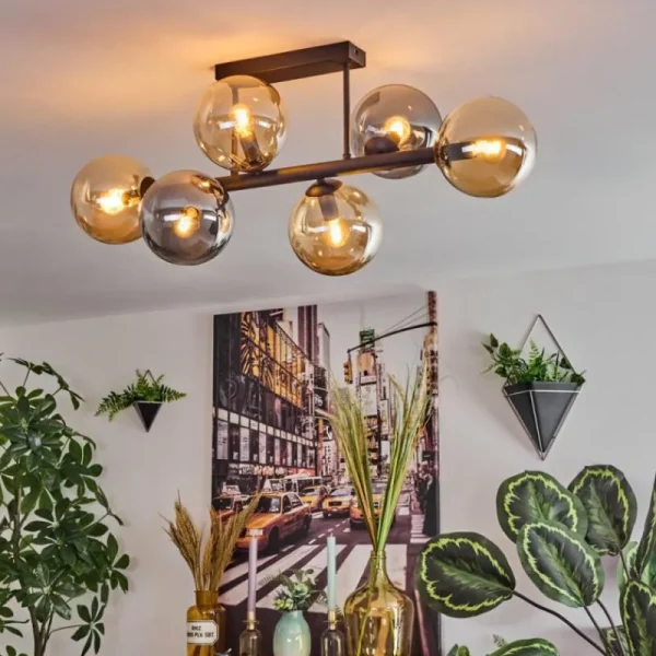hofstein Gastor Plafonnier, Boule lumineuse Ambre, Fumé, 6 lumières* Lampes Modernes