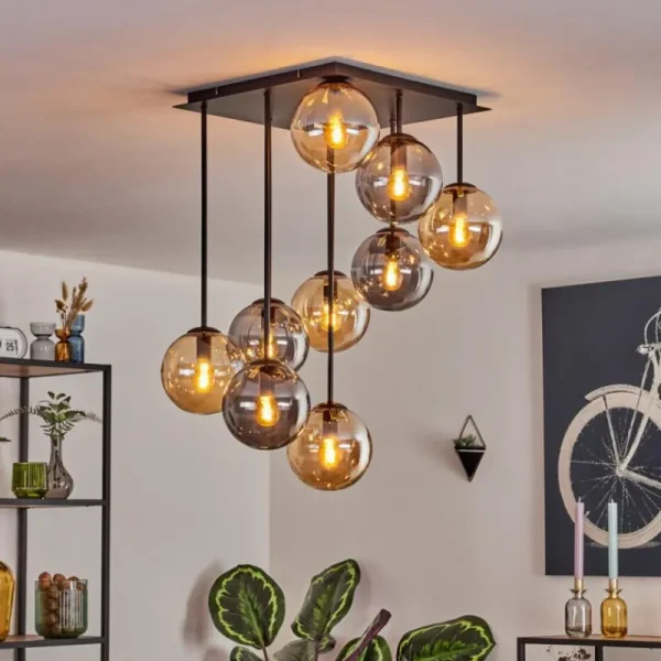 hofstein Gastor Plafonnier, Boule lumineuse Ambre, Fumé, 9 lumières* Lampes Modernes