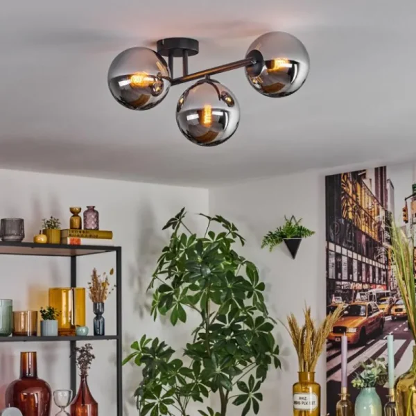 hofstein Gastor Plafonnier, Boule lumineuse Chrome, Fumé, 3 lumières* Lampes Modernes